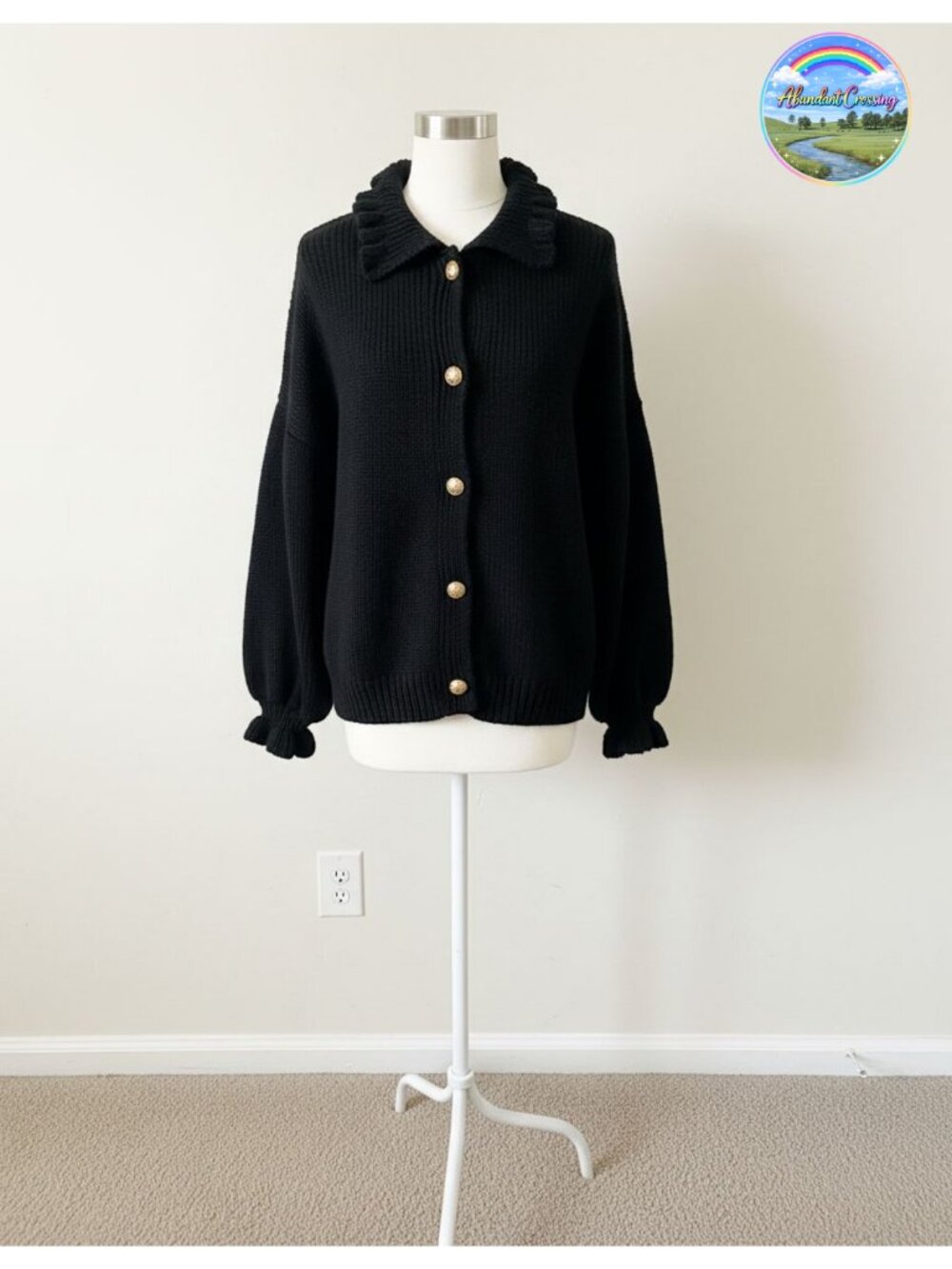 Chunky Knit Cardigan Sweater Ruffle Mock Neck Button Down Fall Winter